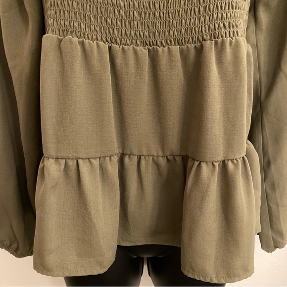 Paper Crane Olive Green Smocked Long Sleeve Boho Fairy Spring Summer Blouse Top - Picture 10 of 15